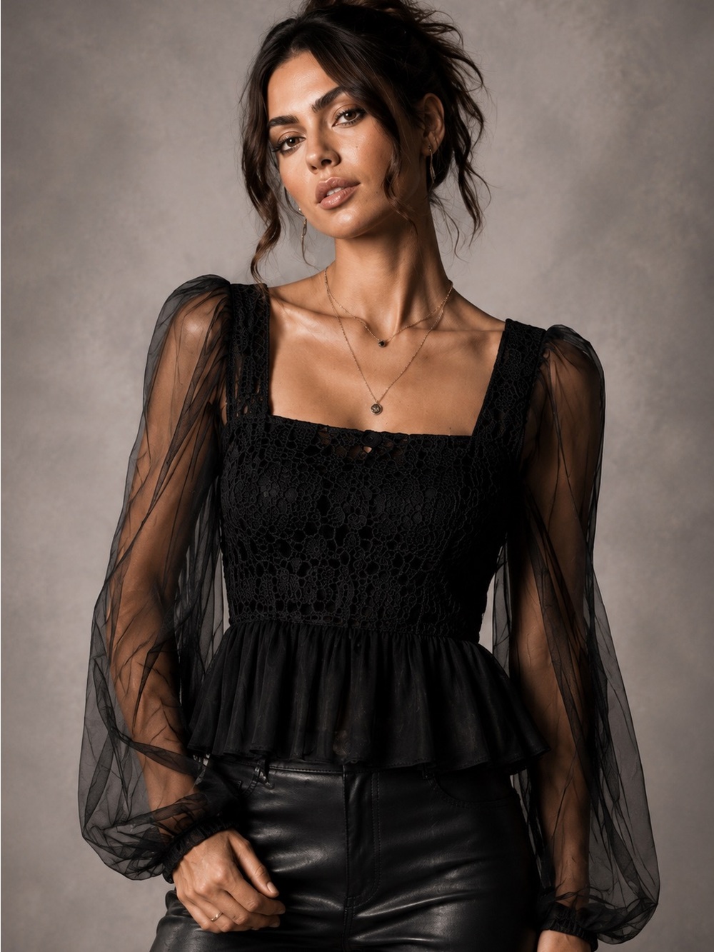 Haute Monde Black Sheer Tulle Lace Peplum Blouse Goth Romantic Medium Coquette